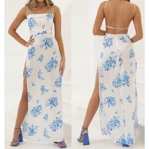 Lucy in the Sky Floral Print Open Back Satin Maxi Dress White Blue XS